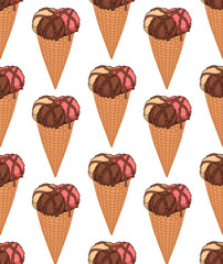 Seamless pattern with three scoops ice cream inside the waffle cone