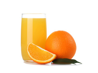 Glass of orange juice and  orange fruit isolated on white