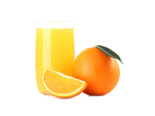 Glass of orange juice and  orange fruit isolated on white