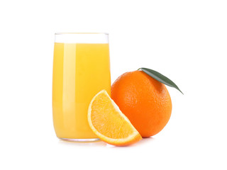 Glass of orange juice and  orange fruit isolated on white