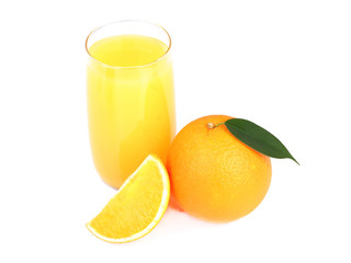 Glass of orange juice and  orange fruit isolated on white