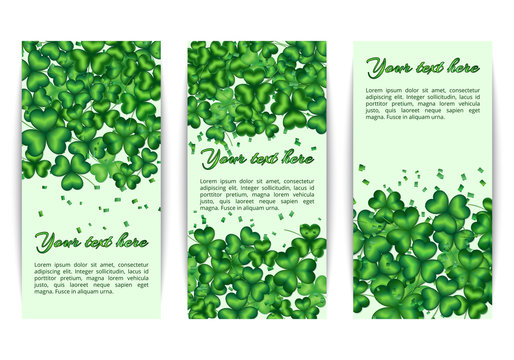 Set of banners with spring floral patterns. Background with shamrocks to celebrate Saint Patricks Day.

