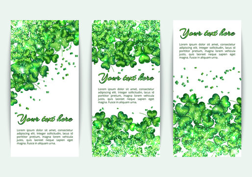 Set of spring banners St. Patricks Day. Glitter background with abstract light with and clover leaves

