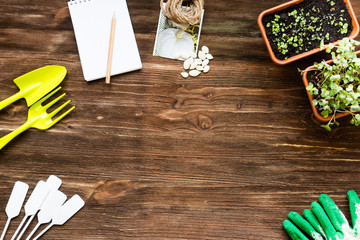 Gardening flat lay scenery: floristic tools set on wooden table above view with space for text. Pitchfork, scoops, plant labels, notepad, pensil and seedling. Floristics design concept image.
