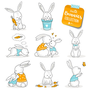 Cute little bunnies set. Hand drawn cartoon style, hand drawn illustration