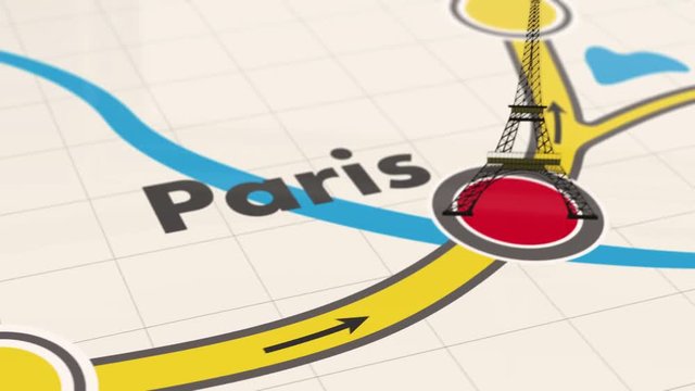 The road map destination point - Tour Eiffel Paris, France. 4K video animation.