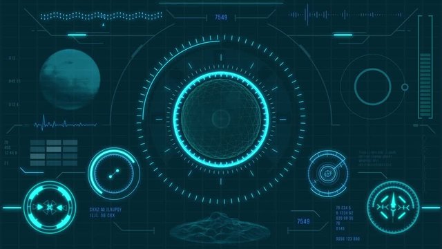 Futuristic user interface with HUD and infographic elements. Virtual technology background. Head-up display template for business, games, motion design, web and app. Spherical objects, planet.