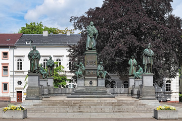 Martin Luther Monument in Worms, Germany. The monument was unveiled in 1868. The german text on the...