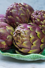 Fresh big Romanesco artichokes green-purple flower heads ready to cook