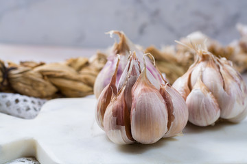 Garlic. Dried French garlic. Red garlic. Violet garlic.Garlic background. garlic bulbs.