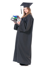 Young graduate girl student in mantle with folders, isolated on white background