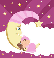 Cute little girl sleeping on moon