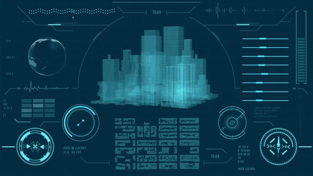 Futuristic urban navigation user interface with HUD and infographic elements. Virtual technology background. Head-up display template for business, games, motion design, web and app. Human anatomy sca