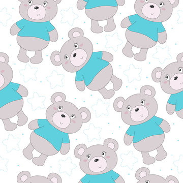 Cute seamless pattern with funny teddy bear. vector illustration