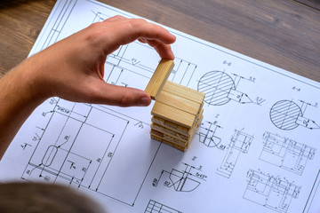 Architect workplace - architectural project, blueprints, ruler. Construction concept. Engineering...