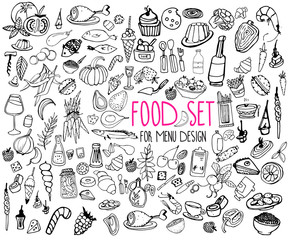 Hand drawn food elements. Set for menu decoration. 