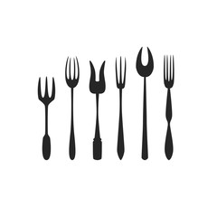 Set of different forks. Silhouette. Isolated on white background. Dishes. Sign.