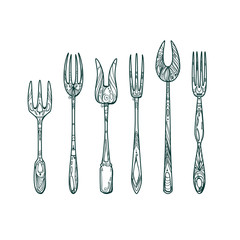 Set of different forks. Doodle illustration. Plugs with ornament. Vintage cutlery.