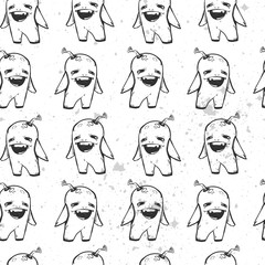 Seamless texture with cute monsters. Ornament with aliens. It can be use for background, clothing design, wrapping paper.