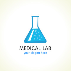 Medical lab logo. Blue water in laboratory flask. Vector branding sign of tests and science researches.