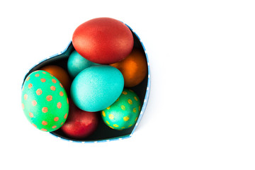 Colorful easter eggs close up on wood desk