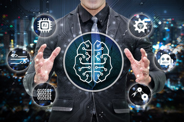Machine learning and artificial intelligence concept. Man business suit , Electric circuit graphic and info graphic of Brain chip sets , command , binary coded , robotic arm icons.