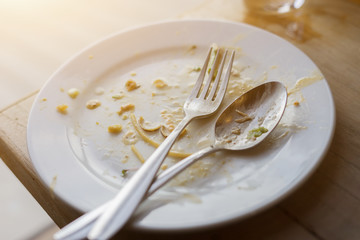 High angle view of dirty white plate with fork across it on wooden table background,vintage color