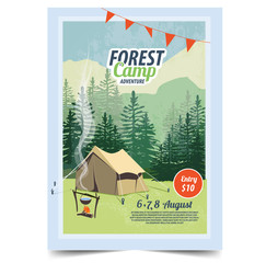 Camping poster, flyer, flat vector illustration