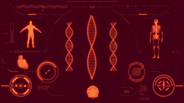 Dna strand scan. Futuristic medical user interface with HUD and infographic elements. Virtual technology background. Head-up display template for business, games, motion design, web and app.