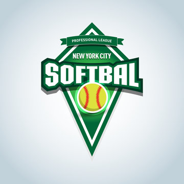 Softbal, logo / emblem template. Vector softbal league logo with ball. Sport badge for tournament championship or league. Isolated vector illustration.