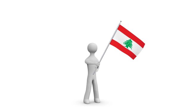 Lebanon waving flag. 3d Man holding and waving Lebanese flag on transparent background. Loop. Alpha channel.