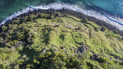 Aerial view looking down at Burleigh Headland and coastal surrounds