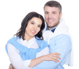 Happy young couple on a white background