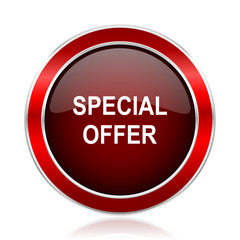 Special offer text red circle chrome border silver metallic vector icon