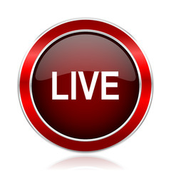 Live text red circle chrome border silver metallic vector icon