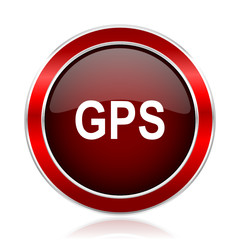 GPS text red circle chrome border silver metallic vector icon