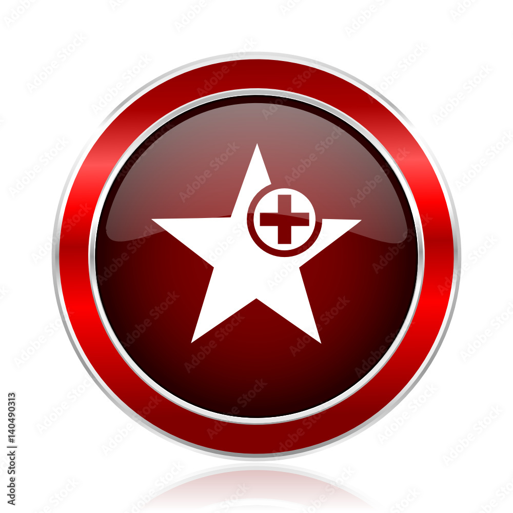 Poster star red round glossy metallic web and smartphone vector icon isolated on white background.