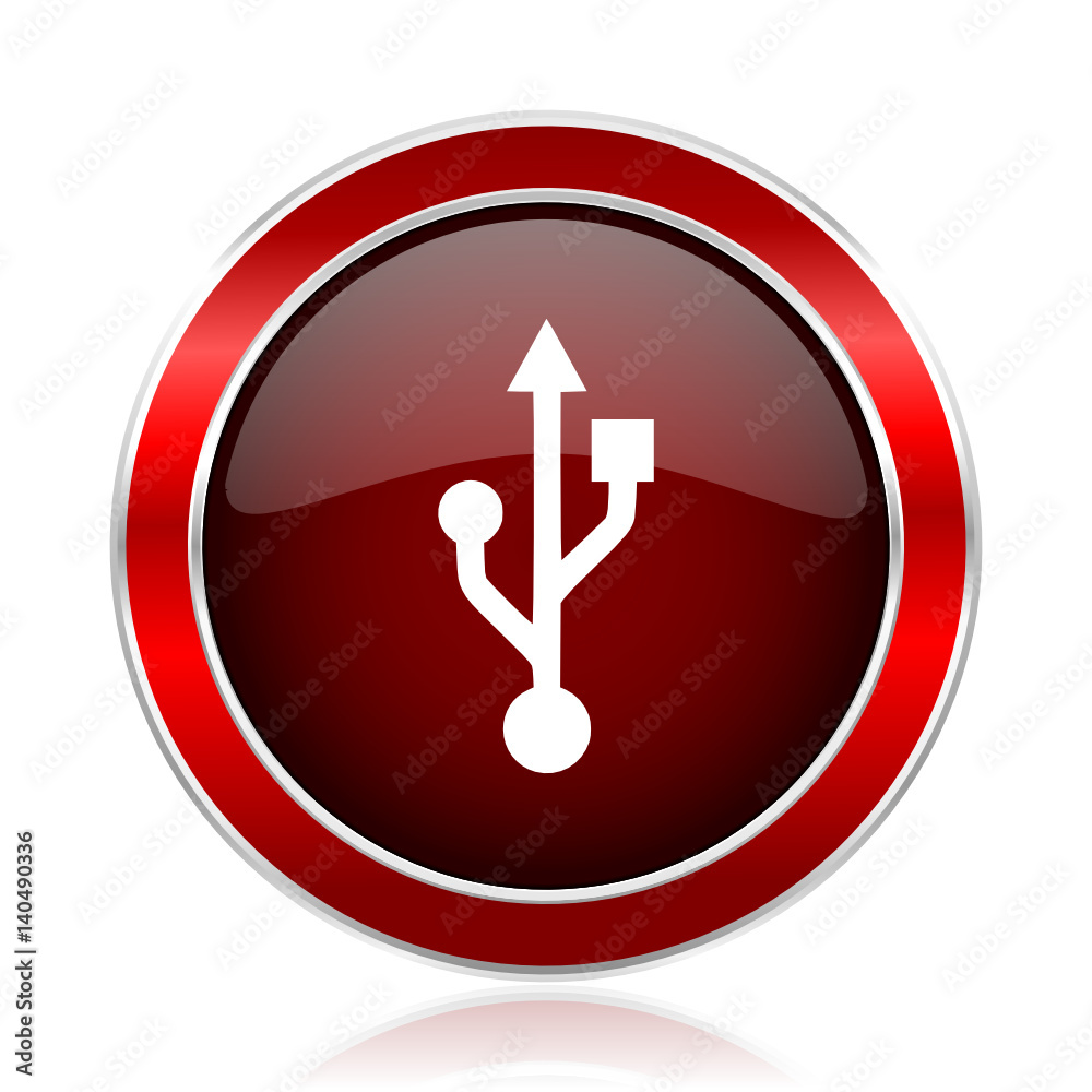 Poster usb red round glossy metallic web and smartphone vector icon isolated on white background.