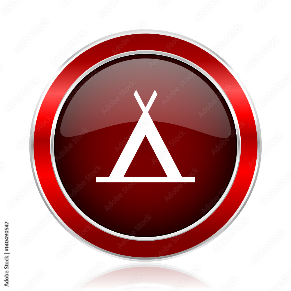 Poster Camp red round glossy metallic web and smartphone vector icon isolated on white background.   
