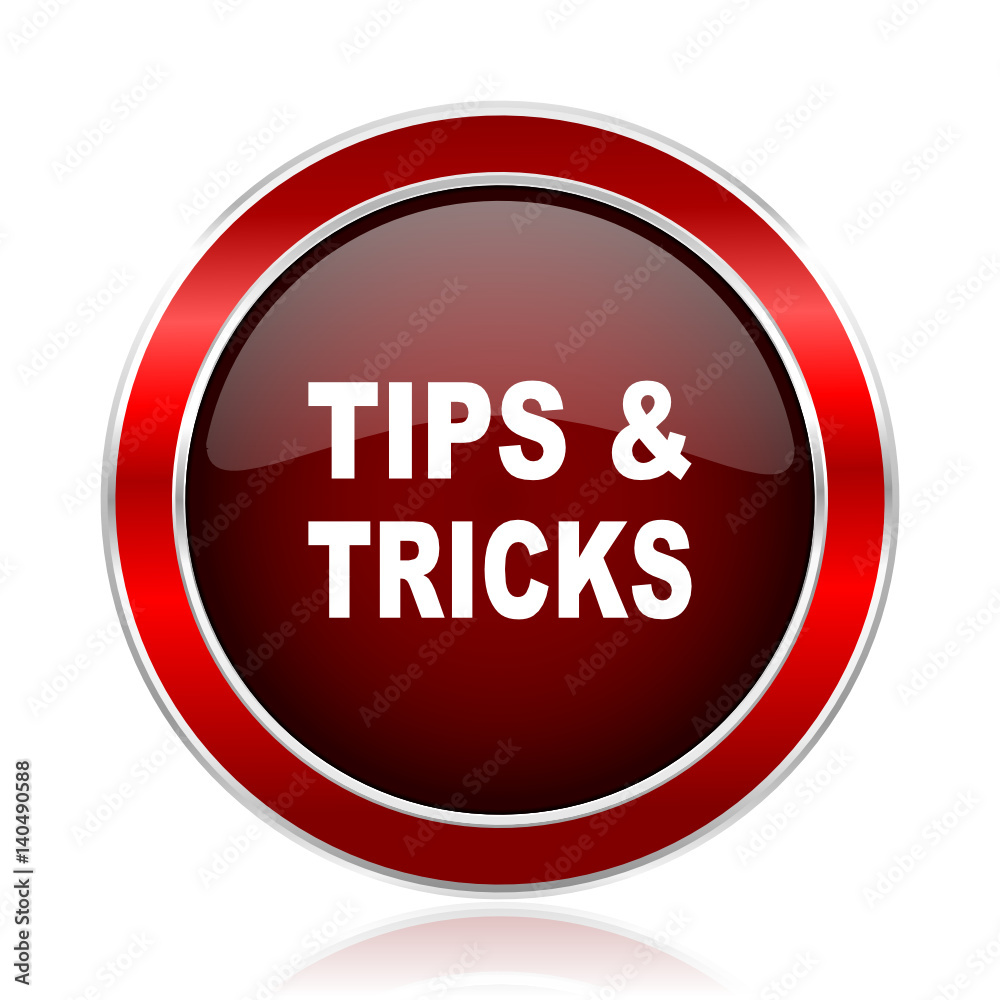 Poster Tips tricks red round glossy metallic web and smartphone vector icon isolated on white background.   

