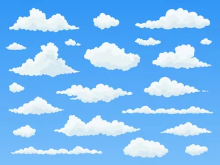 Papier Peint photo Les nuages Jeu de nuages de dessin animé. Nuages blancs sur ciel bleu. Illustration vectorielle plane.