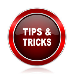 Tips tricks red round glossy metallic web and smartphone vector icon isolated on white background.   
