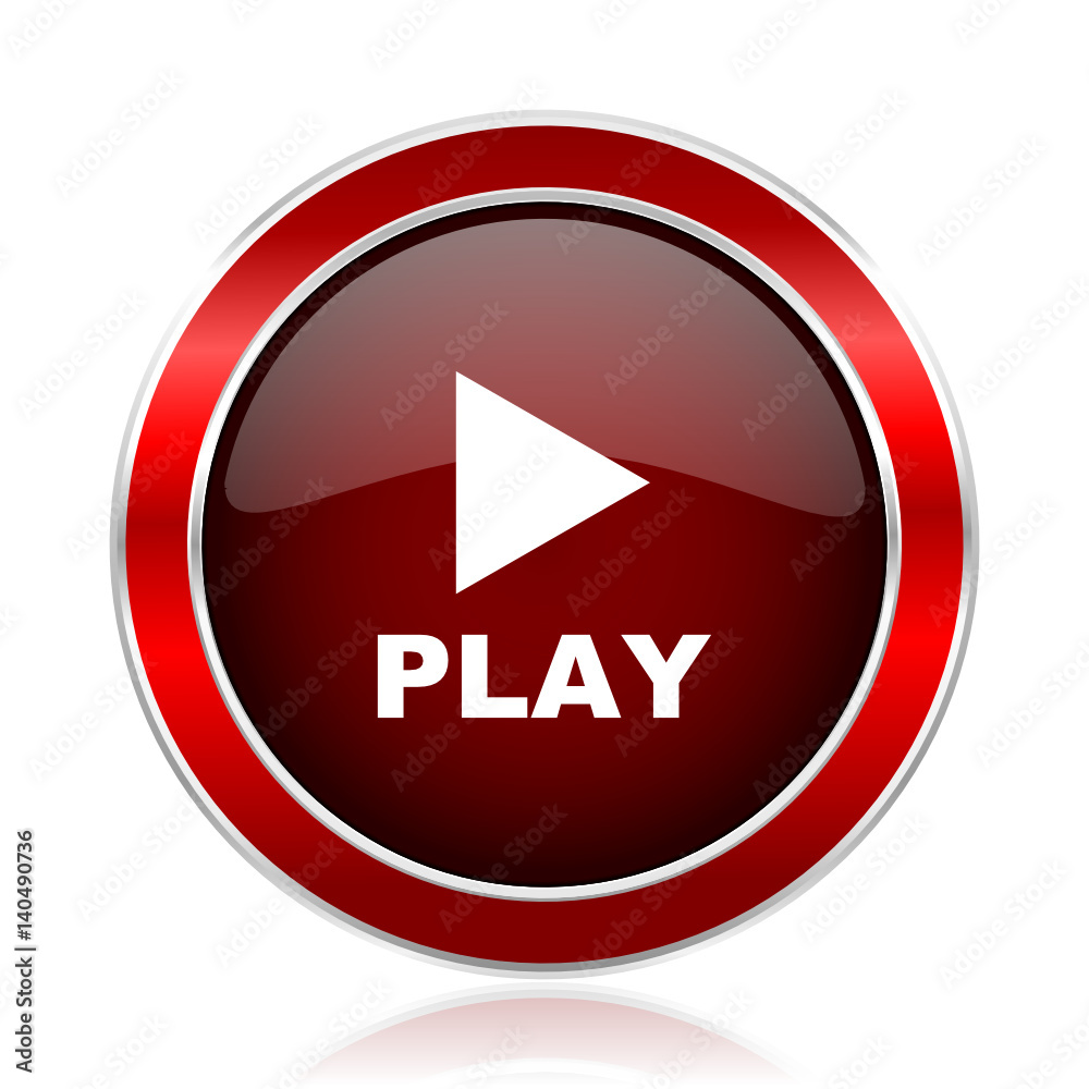 Poster Play red round glossy metallic web and smartphone vector icon isolated on white background.    
