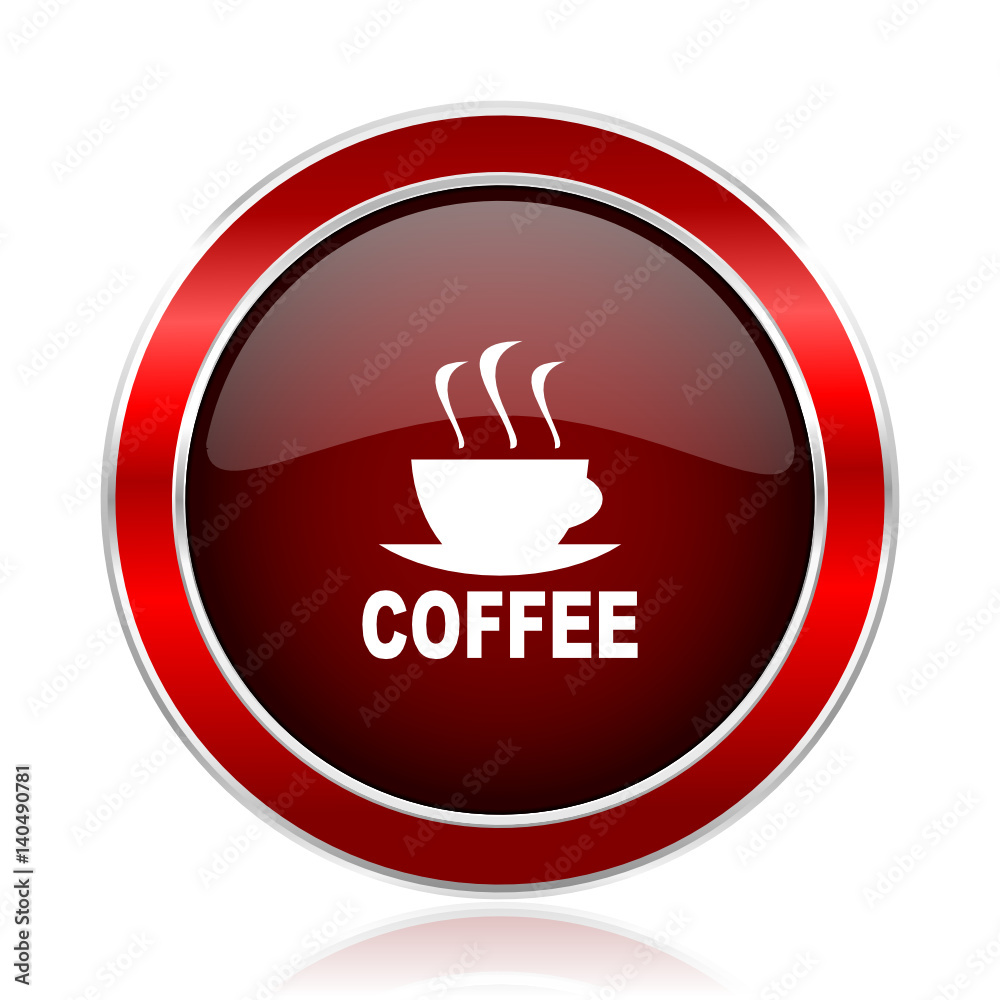 Poster Coffee red round glossy metallic web and smartphone vector icon isolated on white background.    