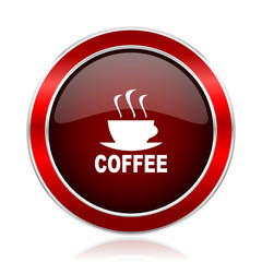 Coffee red round glossy metallic web and smartphone vector icon isolated on white background.    