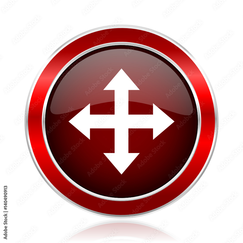 Poster Arrow red round glossy metallic web and smartphone vector icon isolated on white background.    
