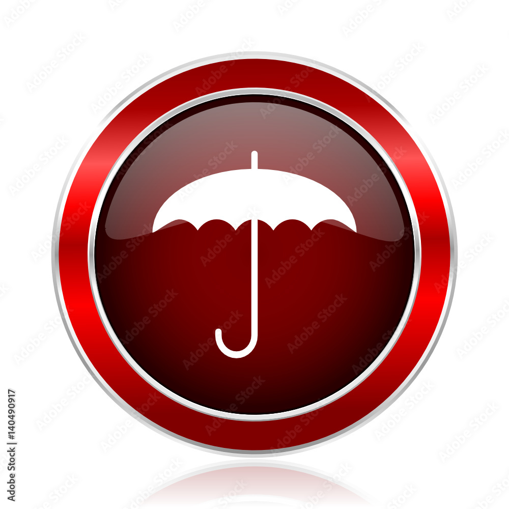 Poster umbrella red round glossy metallic web and smartphone vector icon isolated on white background.