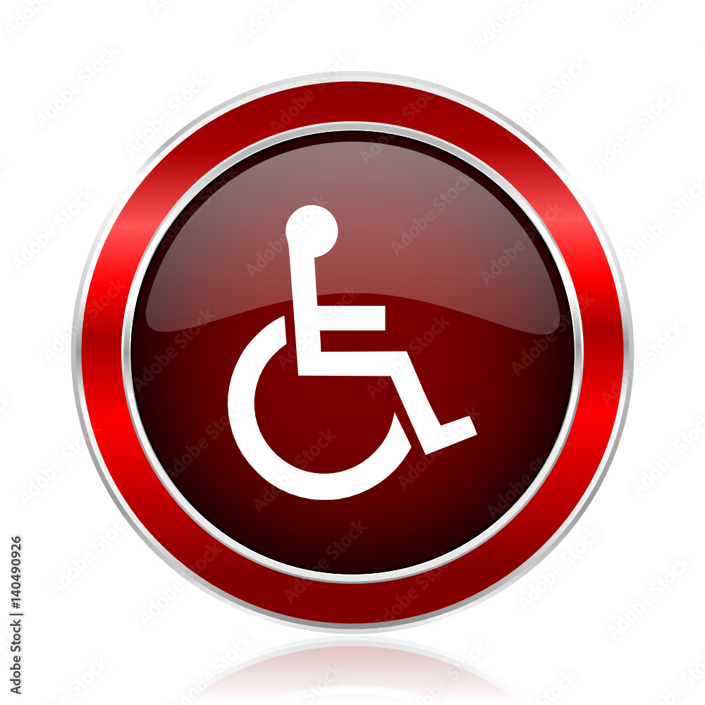 Poster wheelchair red round glossy metallic web and smartphone vector icon isolated on white background.