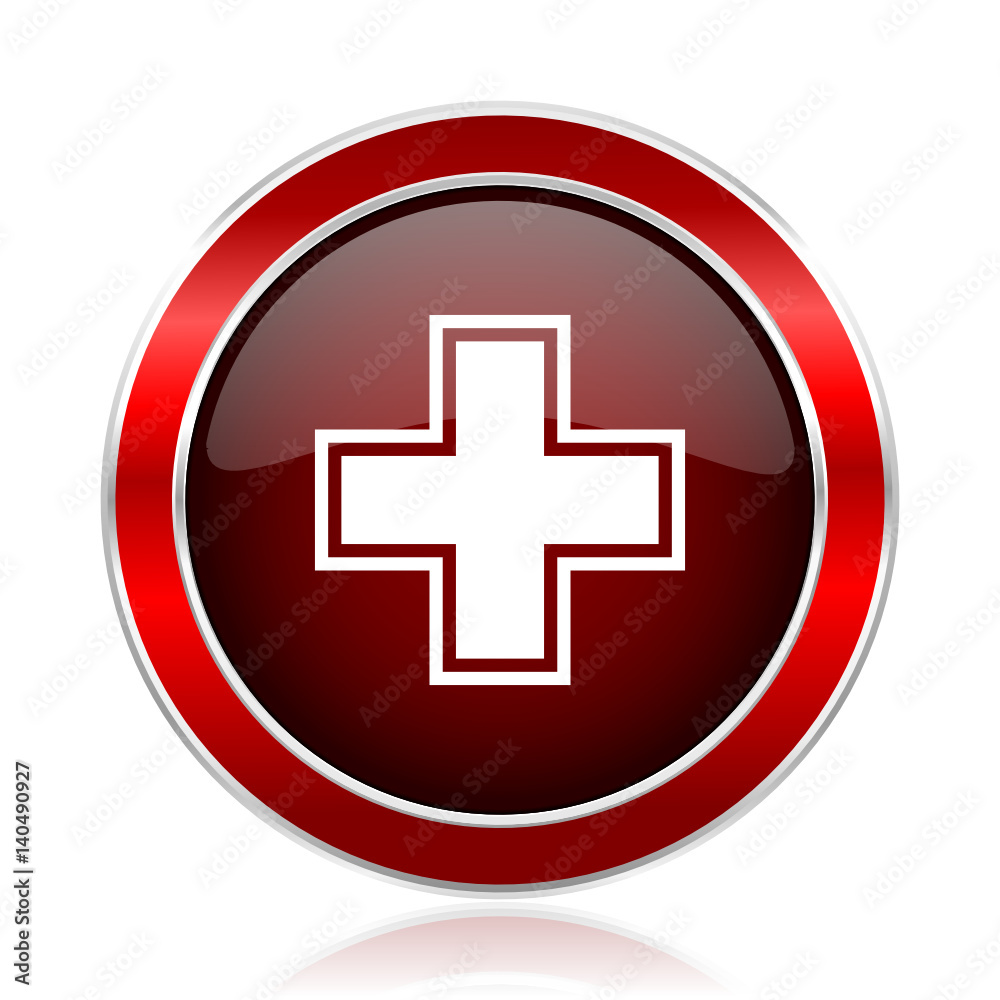 Poster pharmacy red round glossy metallic web and smartphone vector icon isolated on white background.