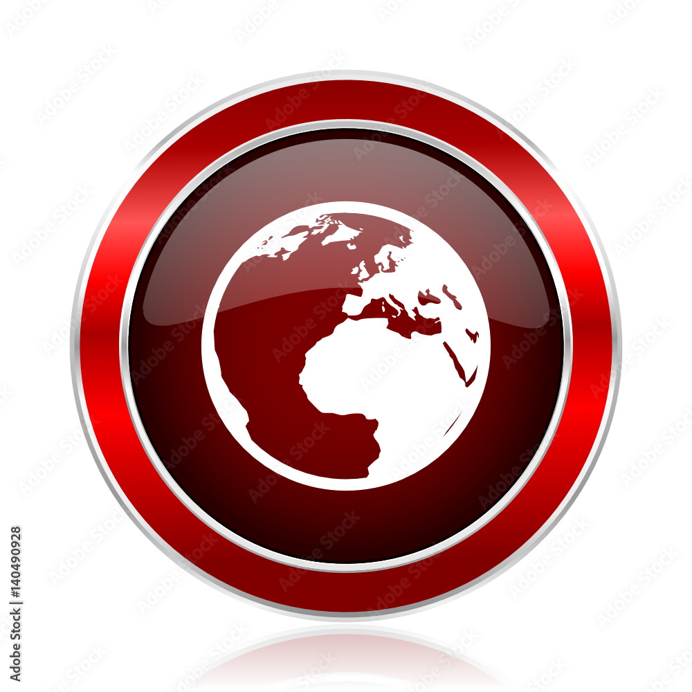 Poster earth red round glossy metallic web and smartphone vector icon isolated on white background.